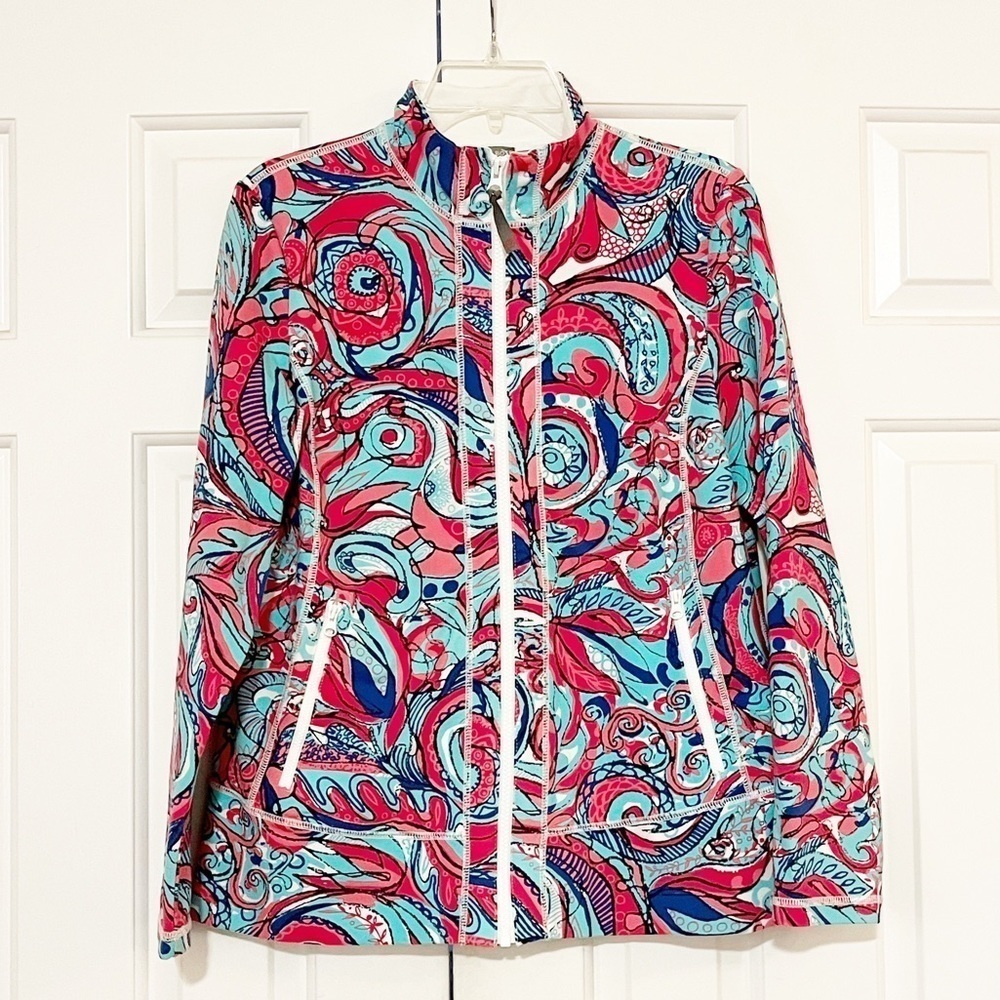 Talbots full zip pink, red, blue, white cotton spandex jacket w/ pockets. Med